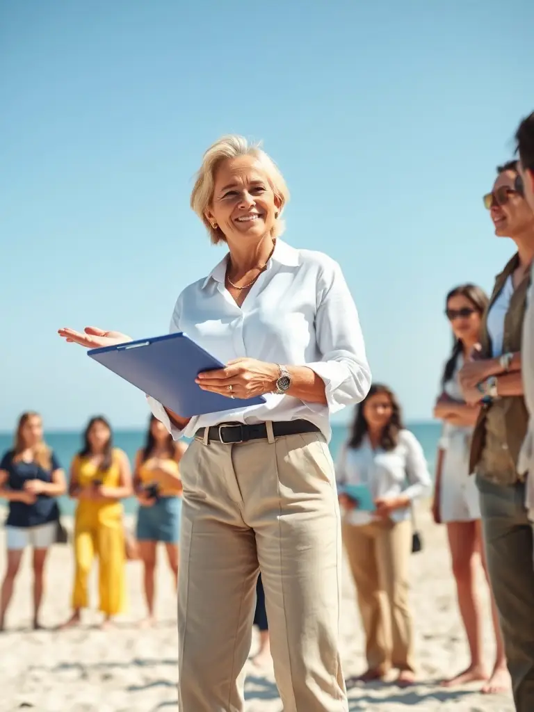 An image of a seaside entrepreneur confidently presenting their tender proposal, symbolizing empowerment and success.