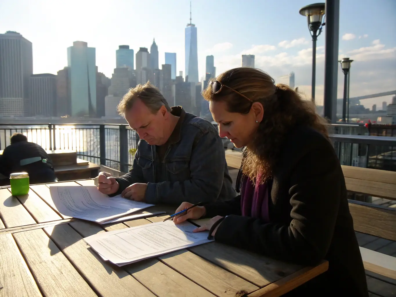 A consultant reviewing tender documents with a seaside entrepreneur, highlighting key areas for improvement and strategic alignment.